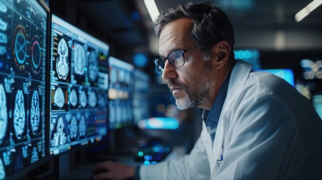 Neurologist analyzing brain tests on monitor at hospital