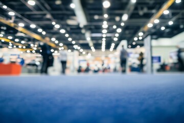 Blurred background of business fair or exhibition hall with lights and people on a blue carpet floor at event venue, captured using a Nikon D850 with 24-70mm f/2.8 lens.