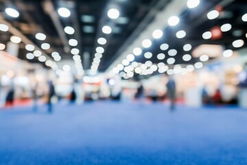 Blurred background of business fair or exhibition hall with lights and people on a blue carpet floor at event venue, captured using a Nikon D850 with 24-70mm f/2.8 lens.