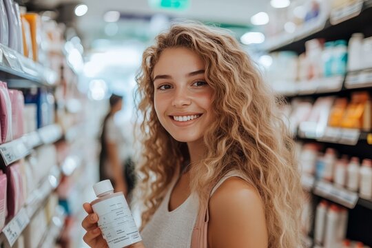 Joyful woman shopping for skincare products at pharmacy, smiling at the camera with enthusiasm