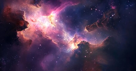 Fototapeta premium Vibrant cosmic nebula with stars and galaxies in the Milky Way, featuring glowing nebulous clouds in shades of dark blue, purple, pink, white, and gold in a hyper-realistic space scene.