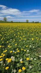 dandelions sky field blue field cloud panoramic green hill wallpaper meadow warm clear park flower white spring tree yellow sunny horizon grass summer solitude open sun fluffy countryside heaven