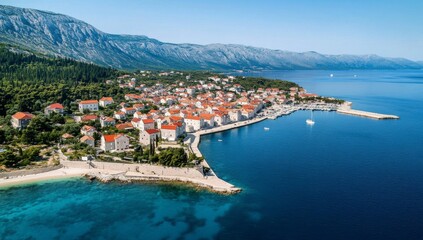 Aerial view of Kupari, Croatia, showcasing white buildings with red roofs surrounded by turquoise sea and mountains. Clear blue summer sky with a visible harbor on the right.