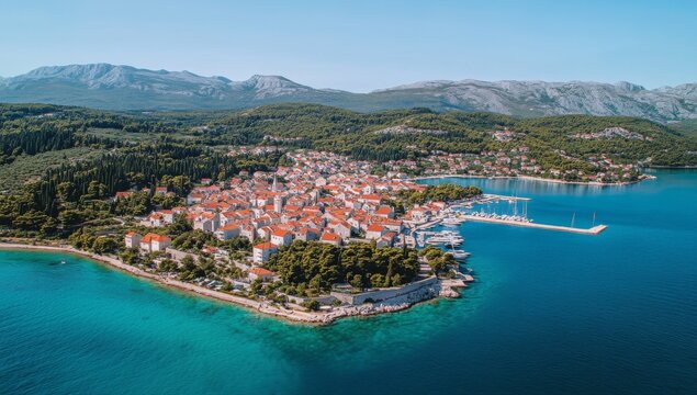 Aerial view of Kupari, Croatia, showcasing white buildings with red roofs surrounded by turquoise sea and mountains. Clear blue summer sky with a visible harbor on the right.