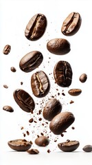 Freshly roasted coffee beans fall and scatter against a bright white background, highlighting their rich texture.