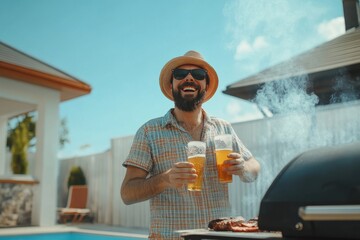 Joyful man enjoys beer and chats while grilling at poolside gathering with friends