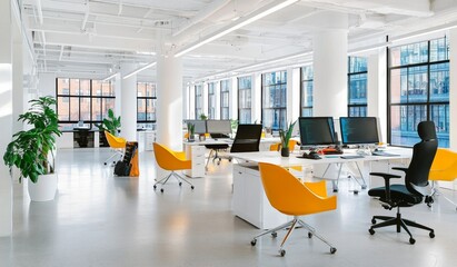 Modern white office with large windows, orange-yellow desks and chairs, black armchairs, computer screens on tables, concrete floor, plants, white columns, and open space design.