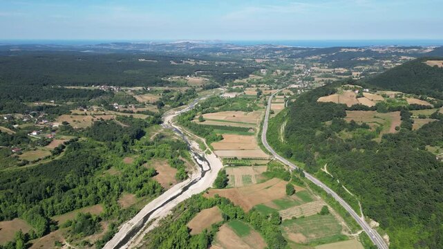 T&uuml;rkiye Black Sea Region Erfelek district aerial view. Black Sea valley, plain, forest and mountains aerial view. Amazing Black Sea landscapes drone footage