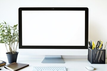 Fototapeta premium Blank computer screen on an office desk with a plant and stationery, minimalistic white background in web banner style for workspace or productivity concepts.