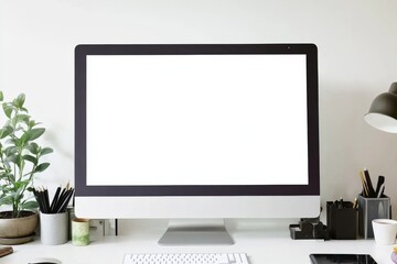 Blank computer screen on an office desk with a plant and stationery, minimalistic white background in web banner style for workspace or productivity concepts.