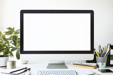 Fototapeta premium Blank computer screen on an office desk with a plant and stationery, minimalistic white background in web banner style for workspace or productivity concepts.