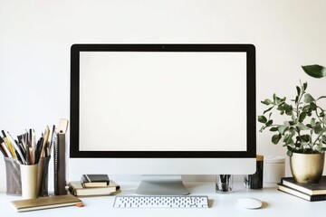 Fototapeta premium Blank computer screen on an office desk with a plant and stationery, minimalistic white background in web banner style for workspace or productivity concepts.