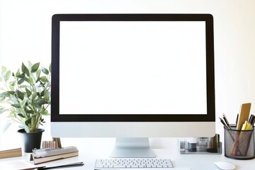 Fototapeta premium Blank computer screen on an office desk with a plant and stationery, minimalistic white background in web banner style for workspace or productivity concepts.