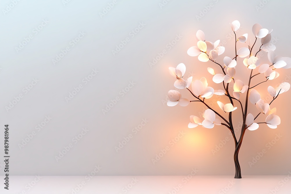 Poster minimalist nature design, featuring a single tree with abstract, glowing leaves against a soft, past