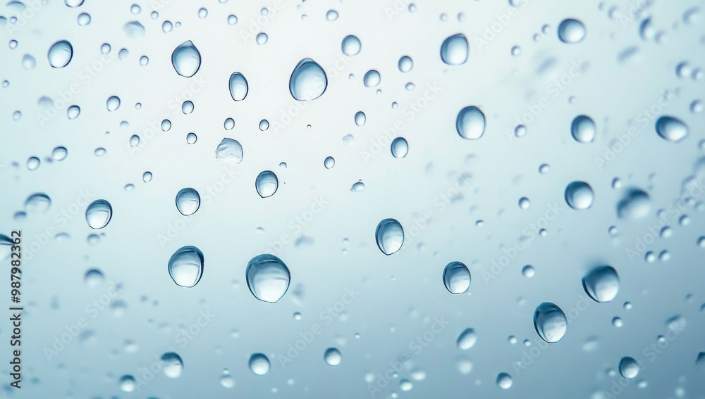 Wall mural close-up of water droplets on glass against a light blue background, highlighting the clarity and be