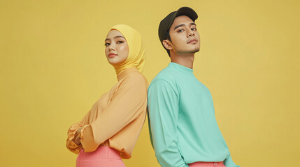 Gen Z Asian Muslim Fashion Model Couple Posing in Bold, Modern Outfits: A Dynamic Display of Contemporary Style, Cultural Identity, and Confidence, Showcasing Trendsetting Fashion in a Vibrant