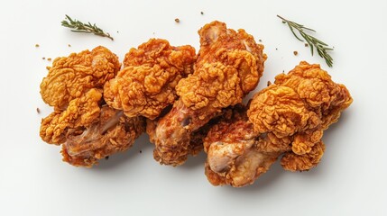 Fototapeta premium A pile of crispy golden fried chicken drumsticks garnished with rosemary on a white background.