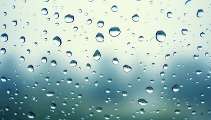 Close-up of water droplets on glass against a light blue background, highlighting the clarity and beauty of each raindrop, symbolizing tranquility and the serenity of nature.