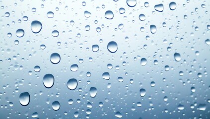 Close-up of water droplets on glass against a light blue background, highlighting the clarity and beauty of each raindrop, symbolizing tranquility and the serenity of nature.