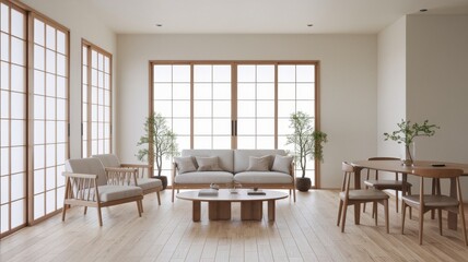 Minimalist, japandi interior design of modern living room with dining table.