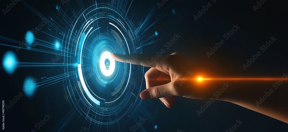 Poster touching a virtual abstract security icon representing network security and data protection, with a 
