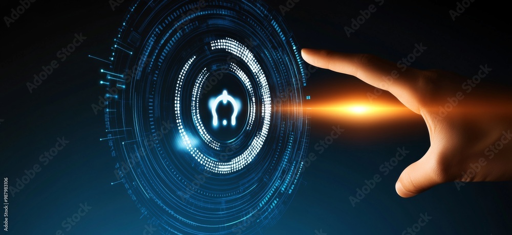 Poster touching a virtual abstract security icon representing network security and data protection, with a 