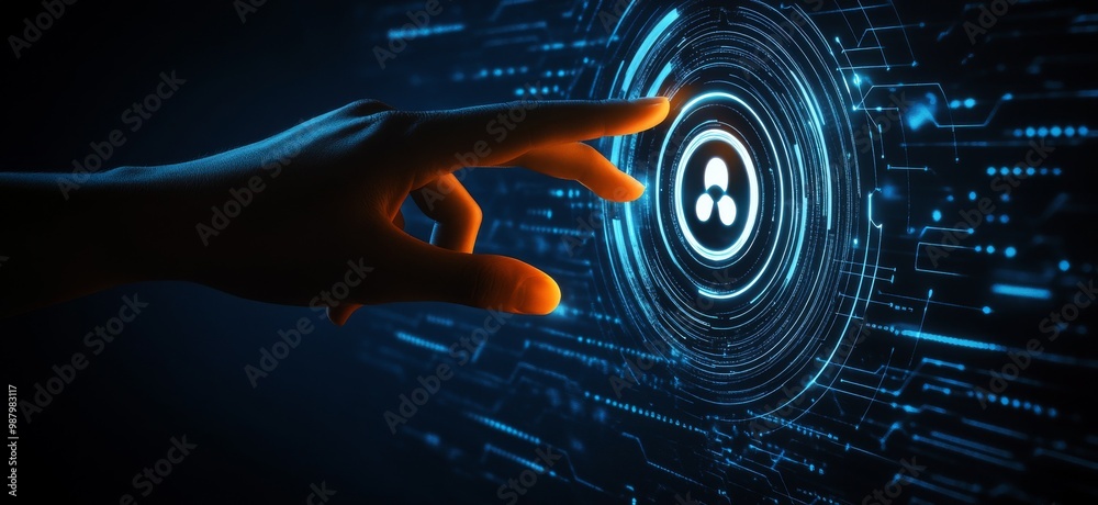 Poster touching a virtual abstract security icon representing network security and data protection, with a 