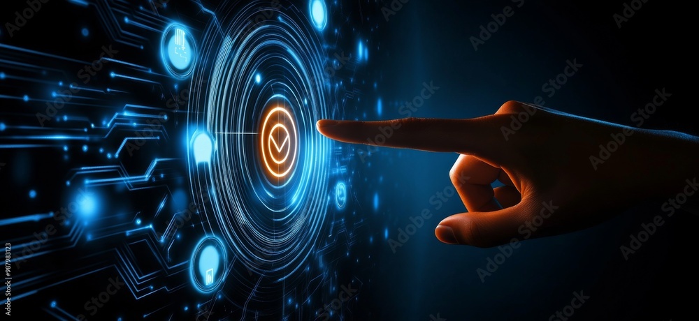 Aufkleber touching a virtual abstract security icon representing network security and data protection, with a 
