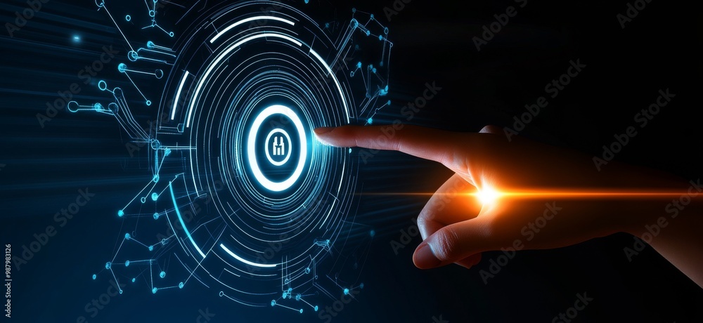 Poster touching a virtual abstract security icon representing network security and data protection, with a 