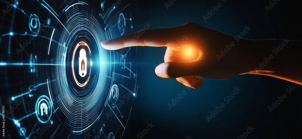 Poster touching a virtual abstract security icon representing network security and data protection, with a 