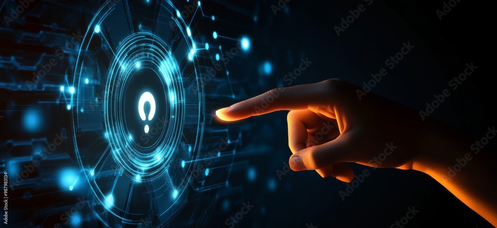 Poster touching a virtual abstract security icon representing network security and data protection, with a 