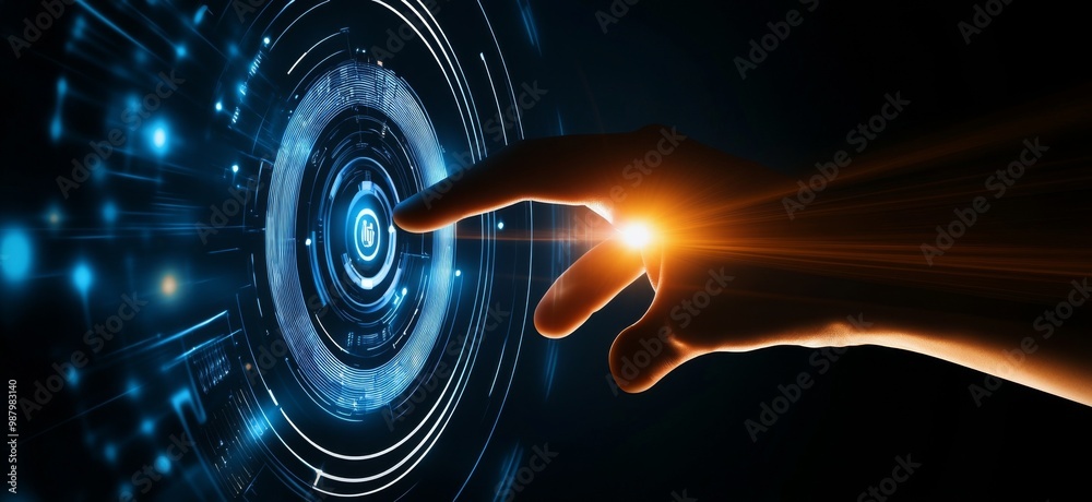 Poster touching a virtual abstract security icon representing network security and data protection, with a 