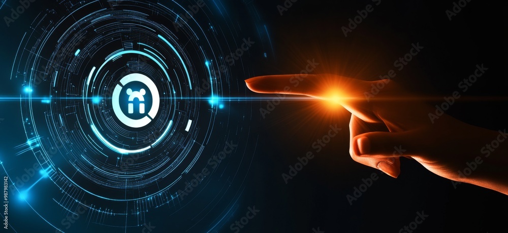 Poster touching a virtual abstract security icon representing network security and data protection, with a 