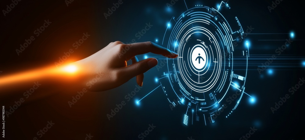 Poster touching a virtual abstract security icon representing network security and data protection, with a 