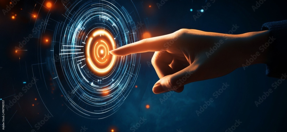 Poster touching a virtual abstract security icon representing network security and data protection, with a 