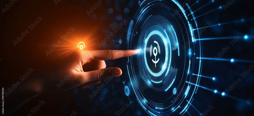 Poster touching a virtual abstract security icon representing network security and data protection, with a 