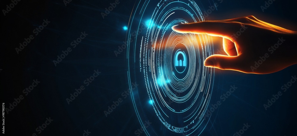 Poster touching a virtual abstract security icon representing network security and data protection, with a 