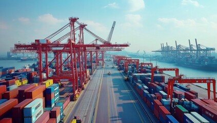 Bustling port scene with cranes and colorful containers showcasing the dynamic nature of global trade and commerce, reflecting the interconnectedness of international shipping and logistics.