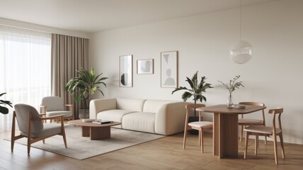 Minimalist, japandi interior design of modern living room with dining table.