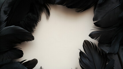 a striking frame made from black feathers, elegantly arranged around the edges of a soft, neutral background, the feathers vary slightly in texture and sheen, creating a rich