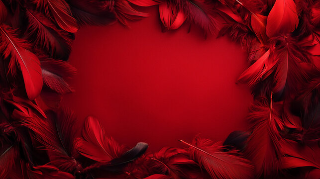 a vibrant frame made from red feathers, playfully scattered around the edges of a red background, the feathers range from bright crimson to deep burgundy, creating a dynamic and energetic border