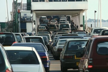 Fototapeta premium Traffic congestion at the Ridley Brazile Embankment ferry crossing, impacted by a port strike, with vehicles packed on the ferry and a long line waiting to board the bridge,highlighting transportation