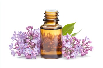 A bottle of essential oil surrounded by fresh lilac flowers, beautifully isolated against a clean white background, showcasing the essence of relaxation and natural wellness.