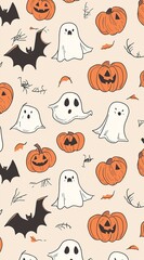 A cute wallpaper featuring simple doodles, pumpkins, ghosts, and bats on a...