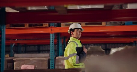 Inspection, woman and tablet for logistics in warehouse with inventory checklist, supply chain and distribution courier. Person, digital and industry stock, storage service and manufacturing site
