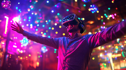 A young man wearing a virtual reality headset experiencing virtual reality.