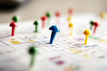 Close-up of a colorful calendar with vibrant pushpins, focusing on a blue pin symbolizing a highlighted event, while scattered red, green, yellow, and purple pins represent other important dates and e