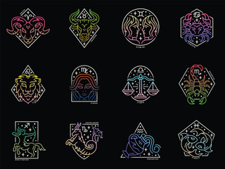Vector graphic icon illustrations of Zodiac signs and symbols with line art tattoo design