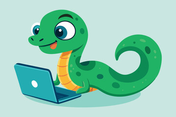 Vector illustration of cute green python coding on the laptop