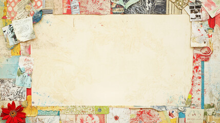 collage frame: a creative frame made from various scrapbook elements, including patterned papers, stickers, and photos, arranged around a soft cream background